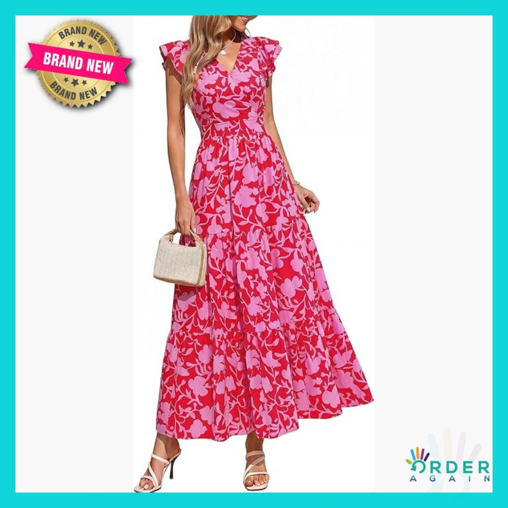 Floral Maxi Dress Wrap V Neck Ruffle Sleeve Boho Beach Casual Summer